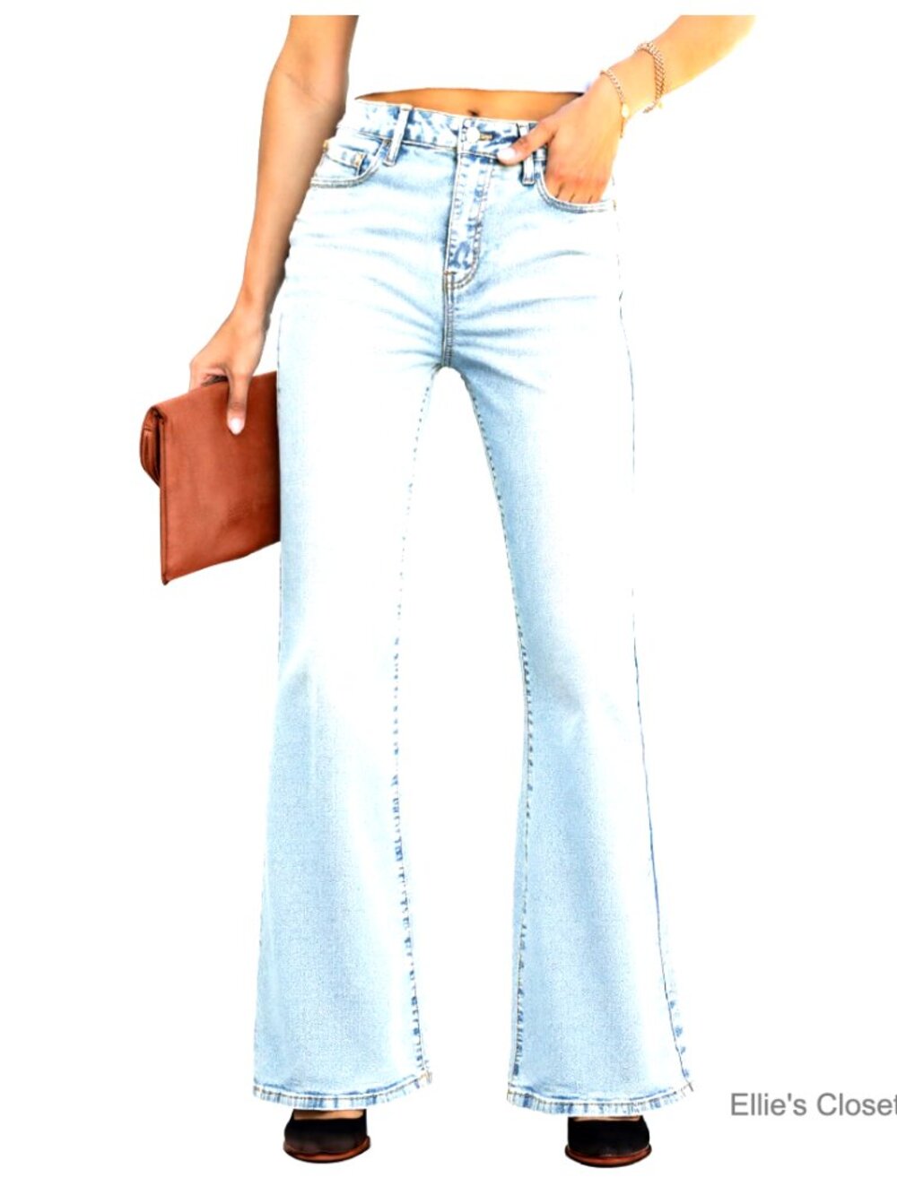Stretchy Denim Flare Jeans, High Rise Bootcut Pants with Pockets